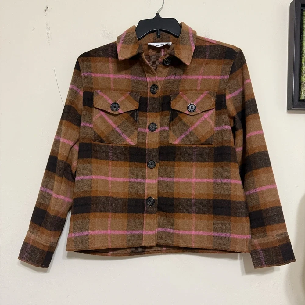BB Dakota Plaid Jacket Boxy Shacket by Steve Madden Brown Pockets Women’s Size S